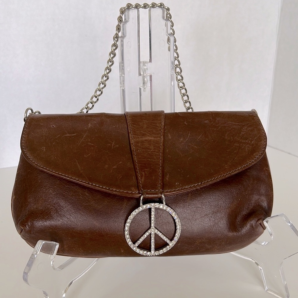 ❤️ Vintage Sherry Wolf Crystal Peace Sign Leather Convertible Clutch Bag w/Chain